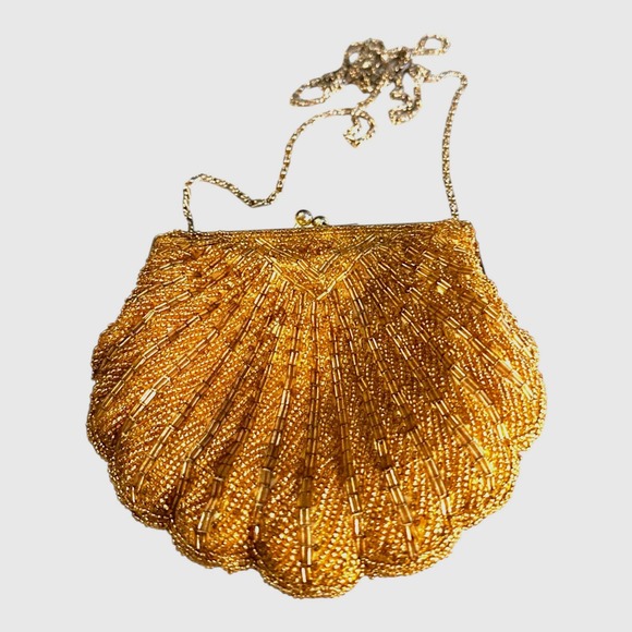 La Regale Handbags - VTG La Regale Women's Evening Shoulder Purse Gold Beaded Clam Shell Gold Chain